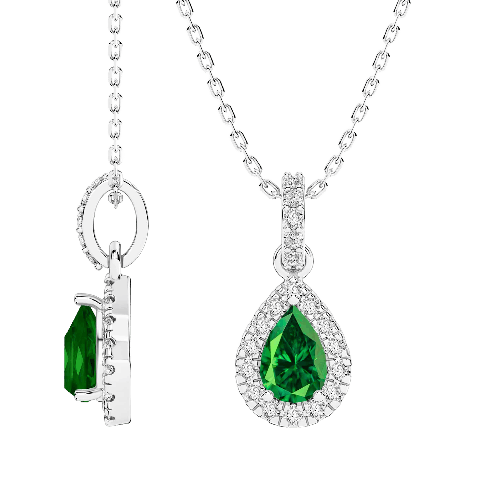 Vertical 14K White Gold Pear Emerald with Diamond Halo Pendant Necklace