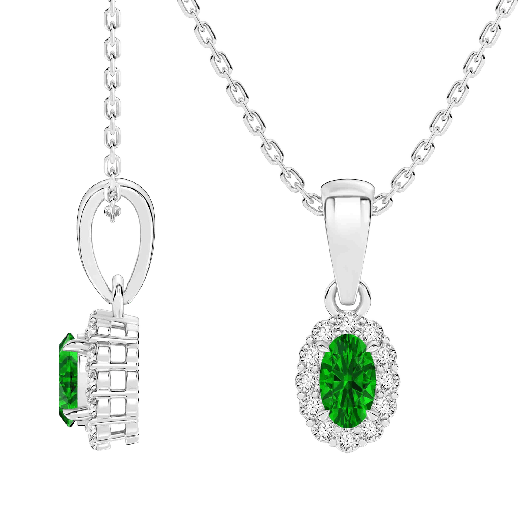 Vertical 14K White Gold Oval Emerald with Diamond Halo Pendant Necklace