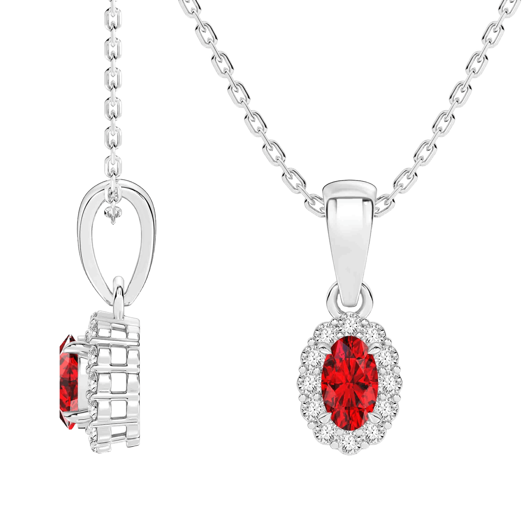 Vertical 14K White Gold Oval Ruby with Diamond Halo Pendant Necklace