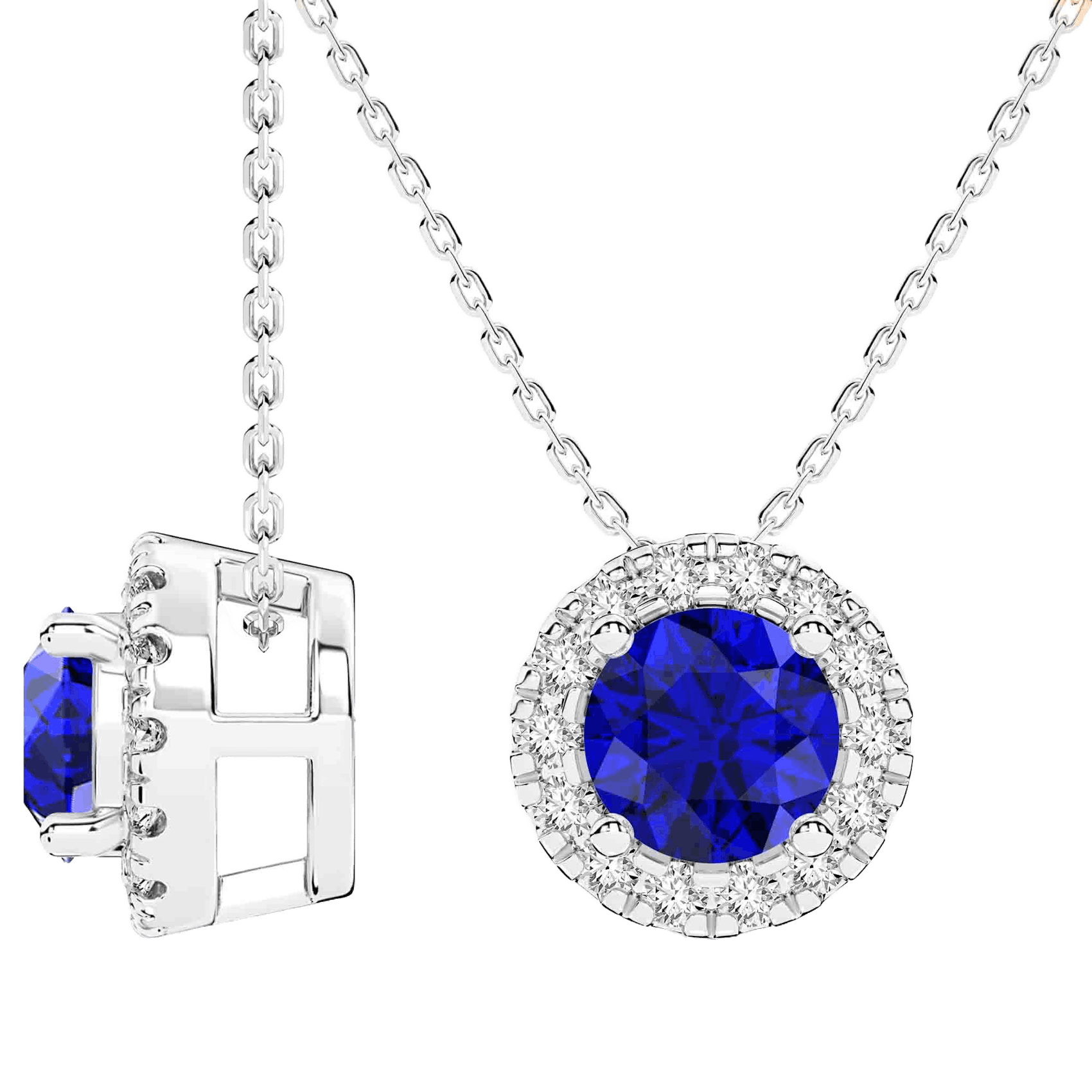 Vertical 14K White Gold Round Blue Sapphire with Diamond Halo Pendant Necklace