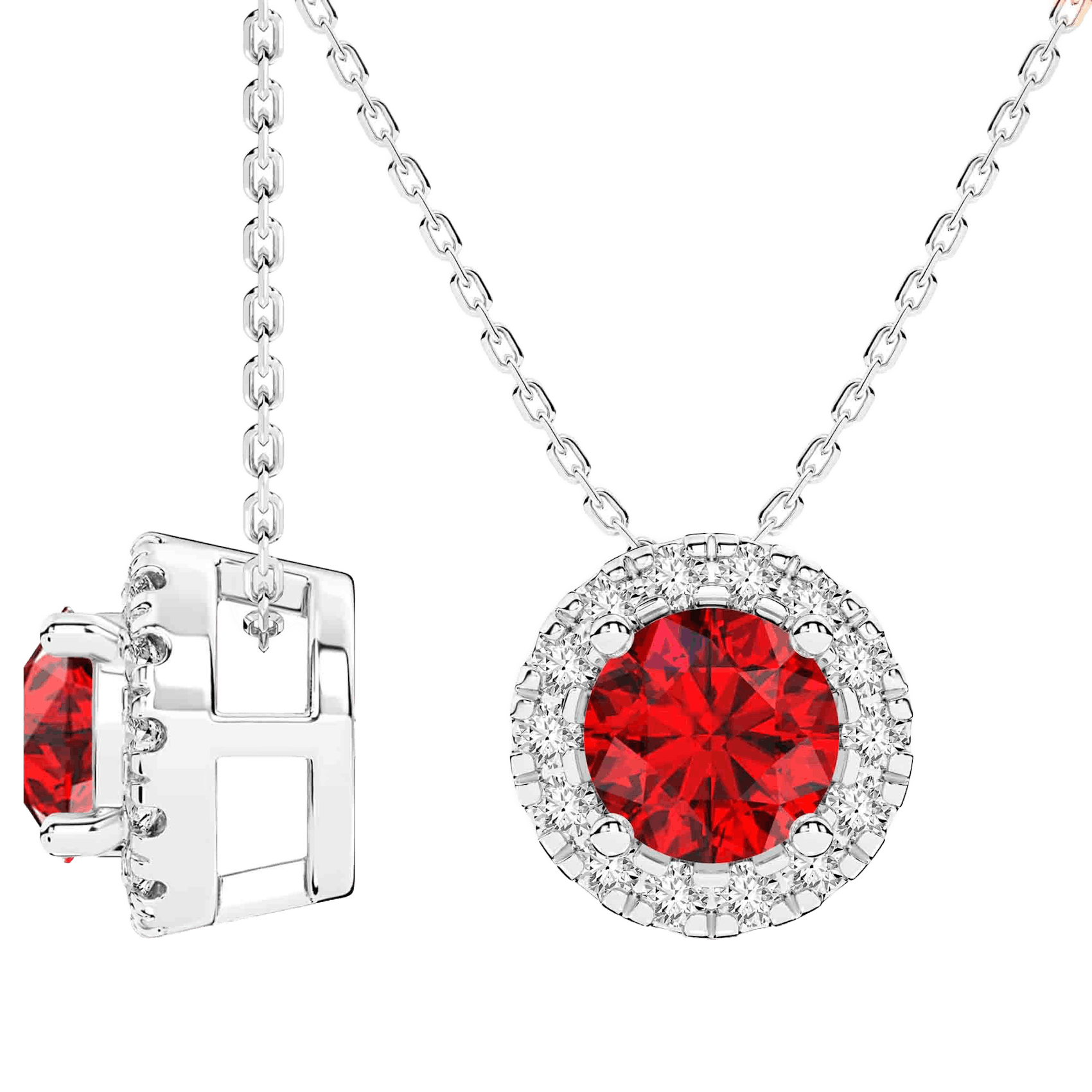Vertical 14K White Gold Round Ruby with Diamond Halo Pendant Necklace