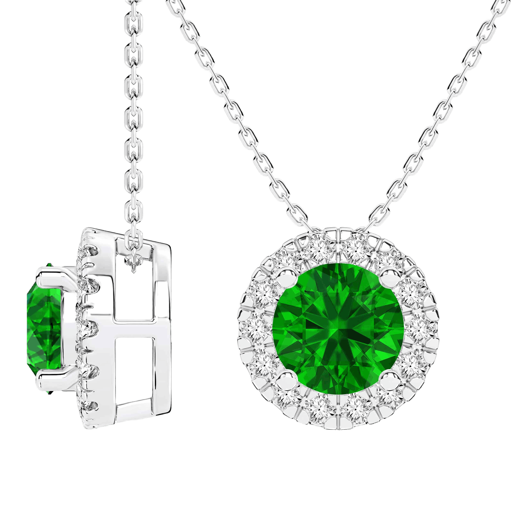 Vertical 14K White Gold Round Emerald with Diamond Halo Pendant Necklace