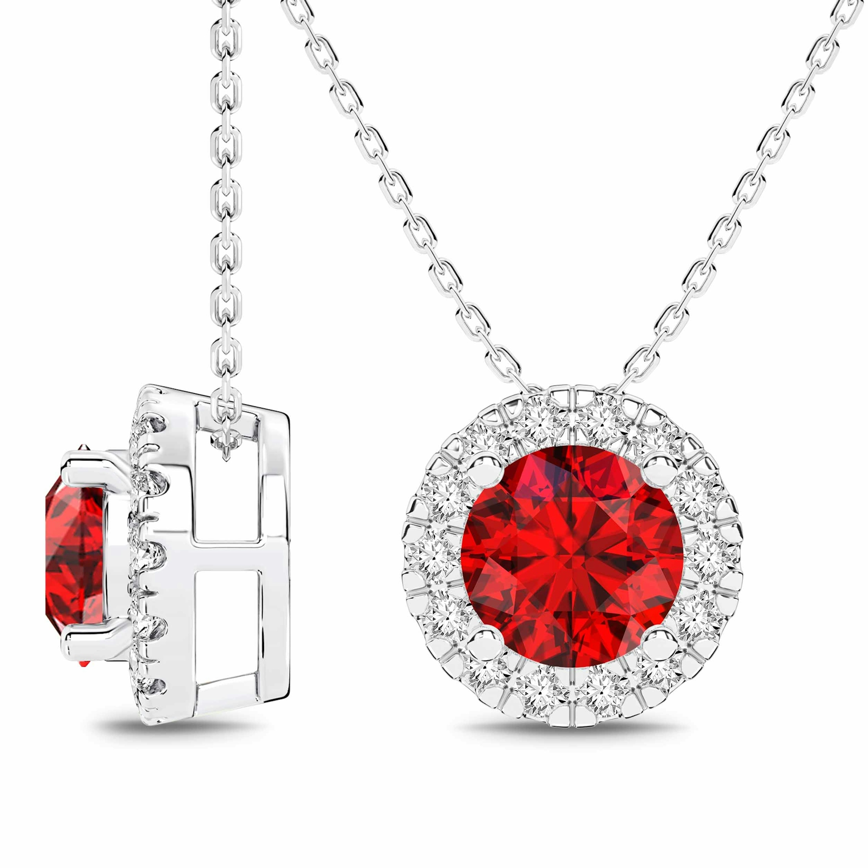 Vertical 14K White Gold Round Ruby with Diamond Halo Pendant Necklace