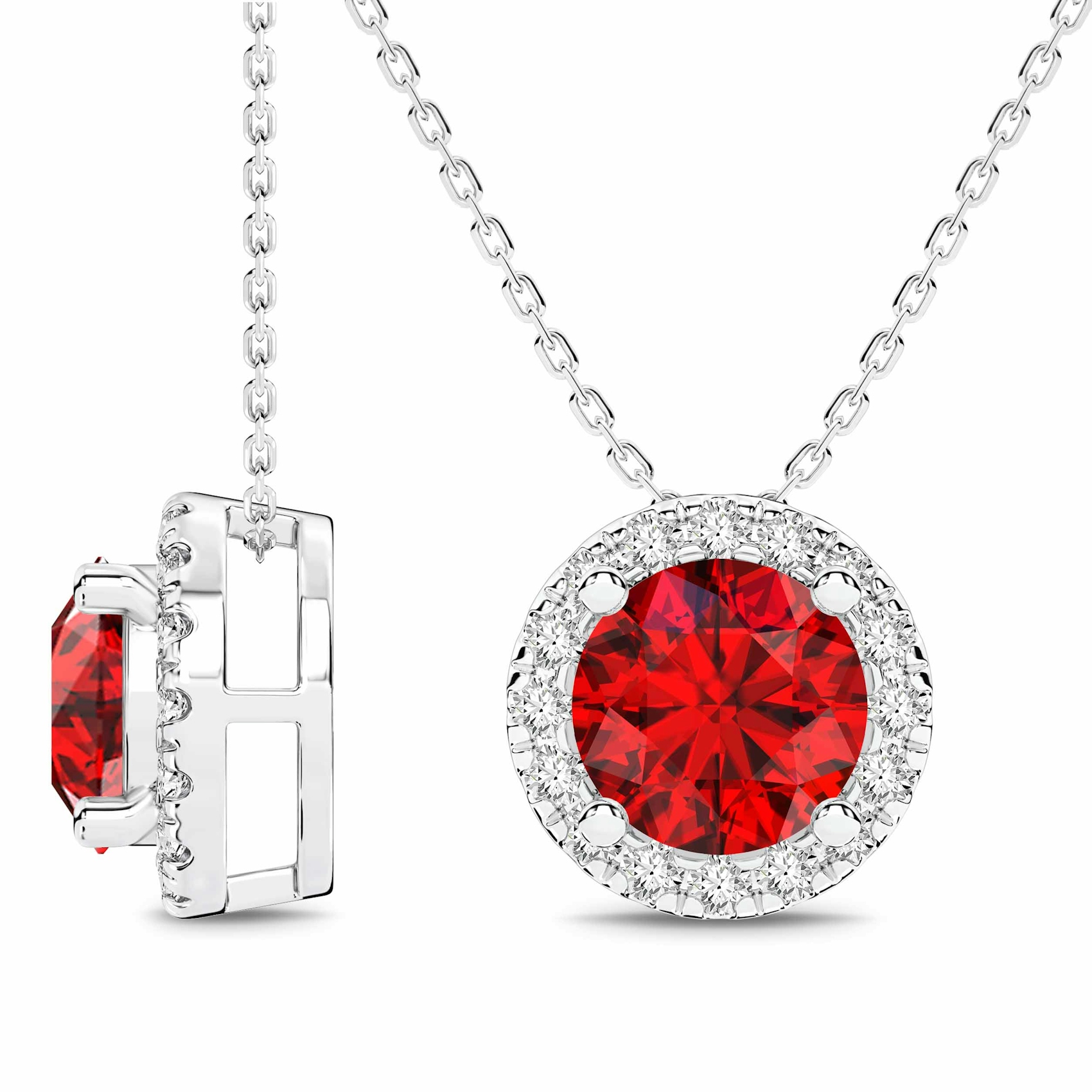Vertical 14K White Gold Round Ruby with Diamond Halo Pendant Necklace