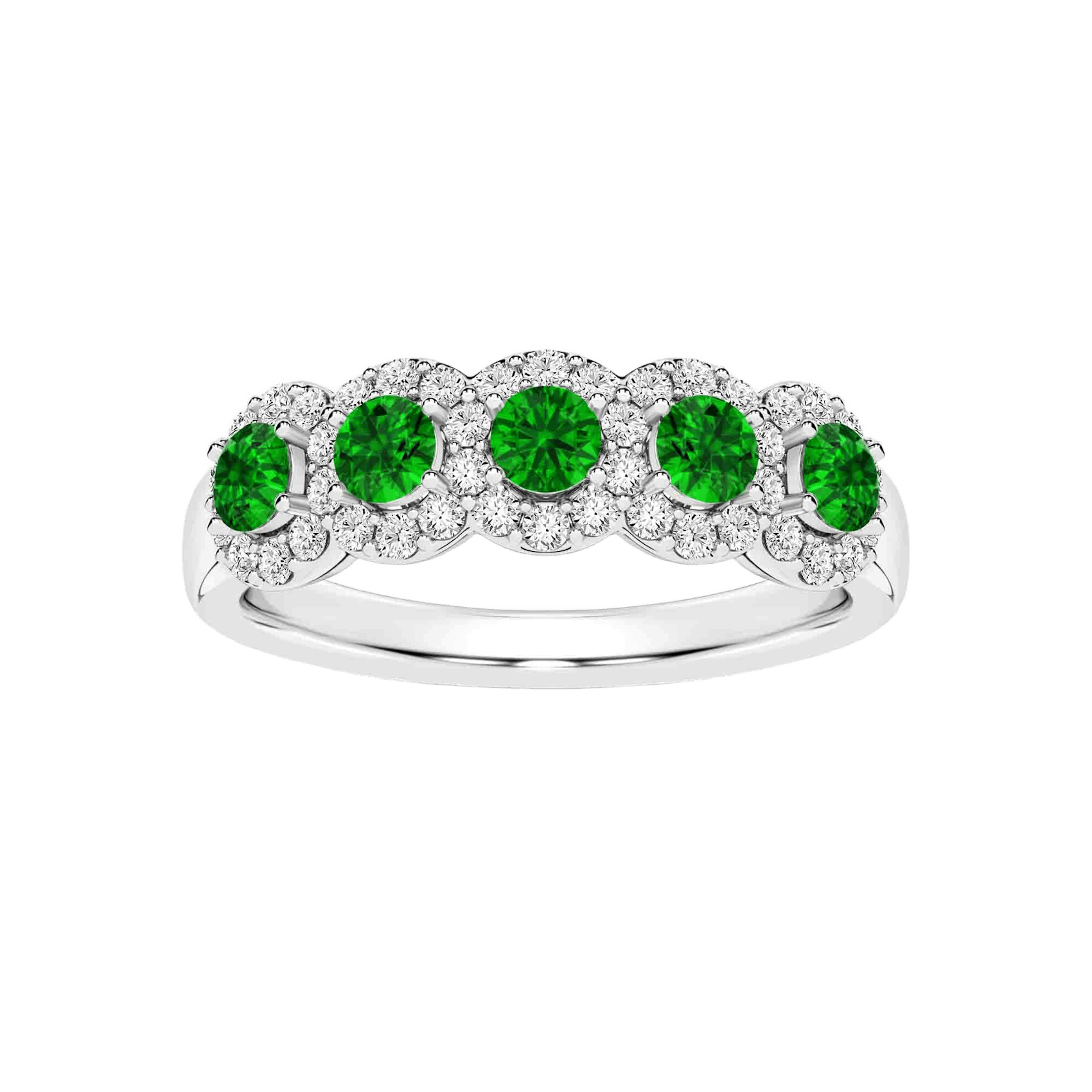 Vertical 14K White Gold Round Emerald with Diamond Halo Five Stone Ring