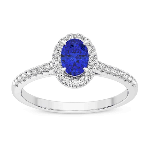 Vertical 18K White Gold Oval Emerald with Diamond Halo Ring