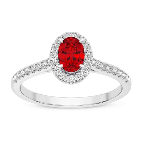 Vertical 18K White Gold Oval Ruby and Diamond Halo Ring