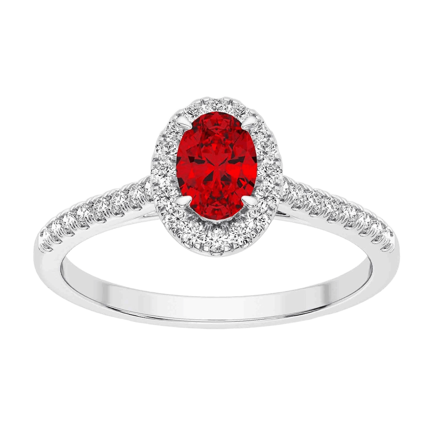 Vertical 18K White Gold Oval Ruby and Diamond Halo Ring
