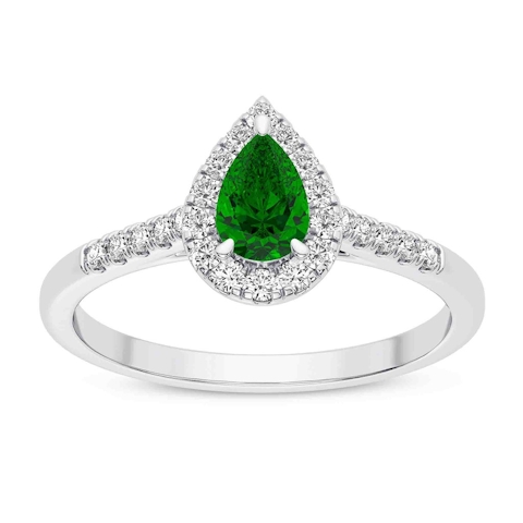 Vertical 18K White Gold Pear Emerald with Diamond Halo Ring