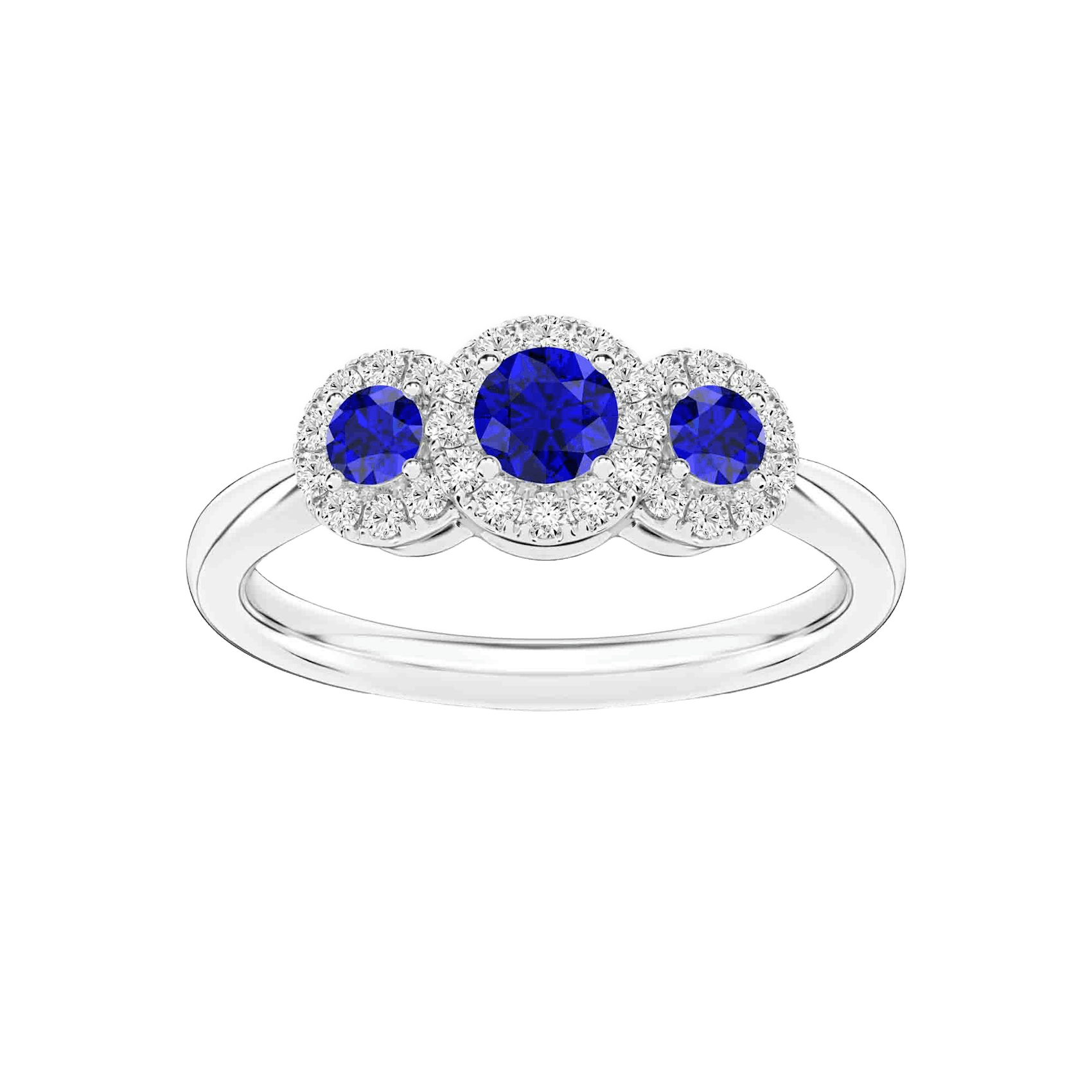 Vertical 18K White Gold Round Blue Sapphire with Diamond Halo Three Stone Ring