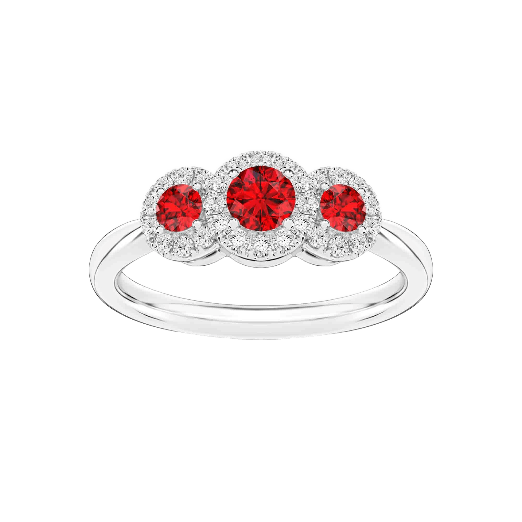 Vertical 18K White Gold Round Ruby with Diamond Halo Three Stone Ring
