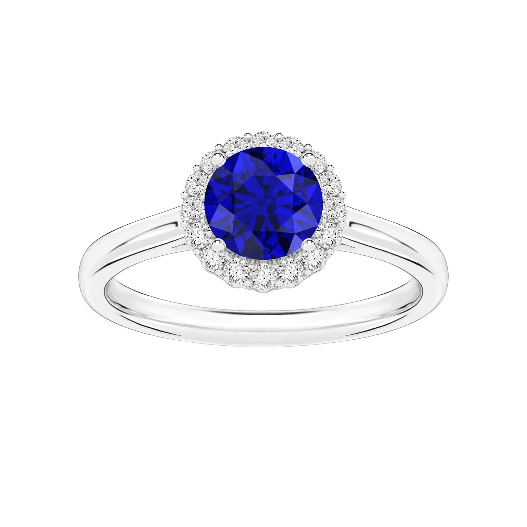 Vertical 18K White Gold Round Blue Sapphire with Diamond Halo Ring