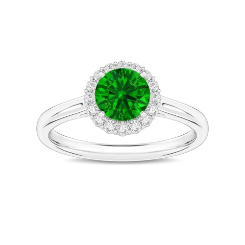 Vertical 18K White Gold Round Emerald with Diamond Halo Ring