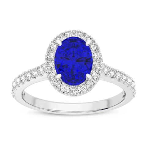 Vertical 18K White Gold Oval Blue Sapphire and Diamond Halo Ring