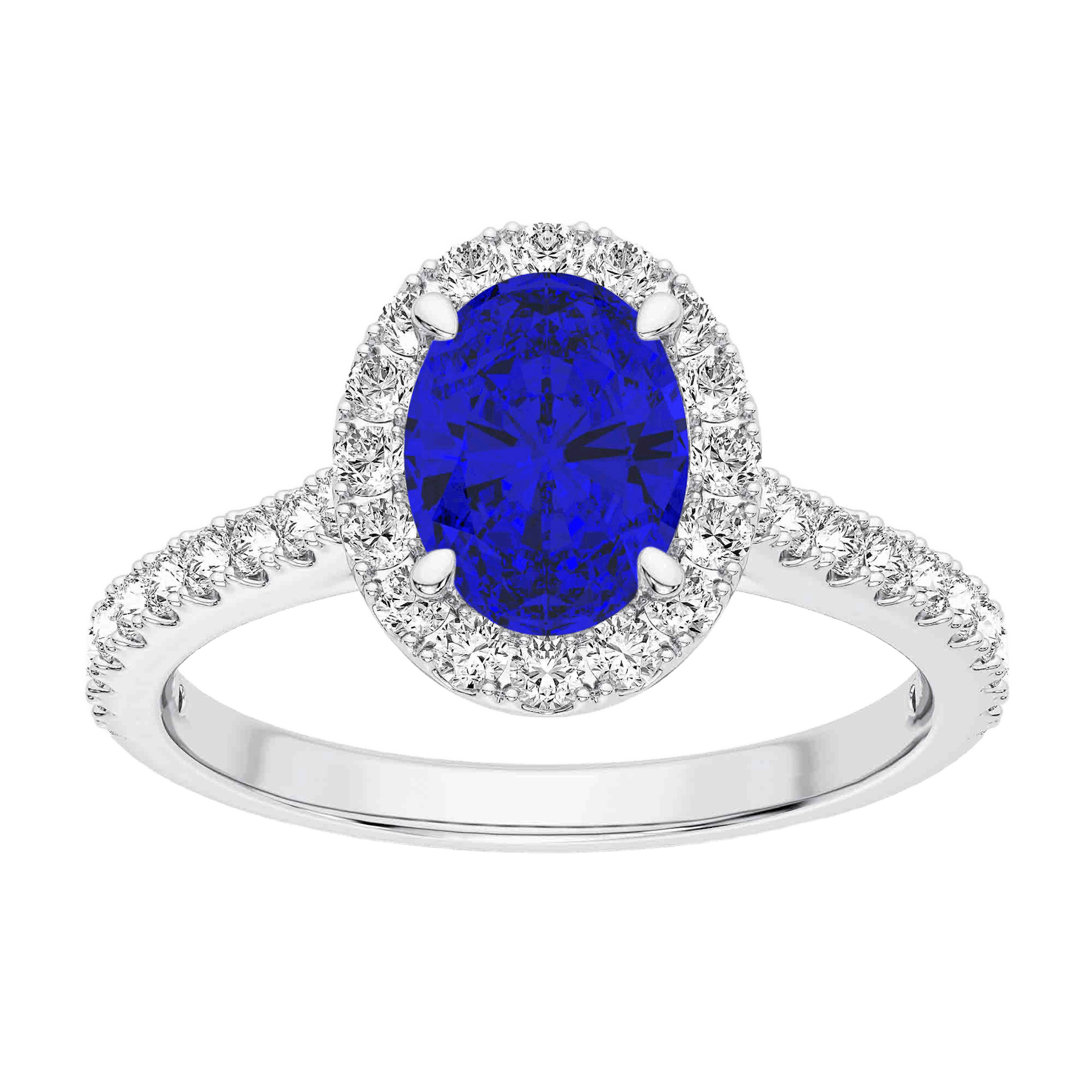 Vertical 18K White Gold Oval Blue Sapphire and Diamond Halo Ring