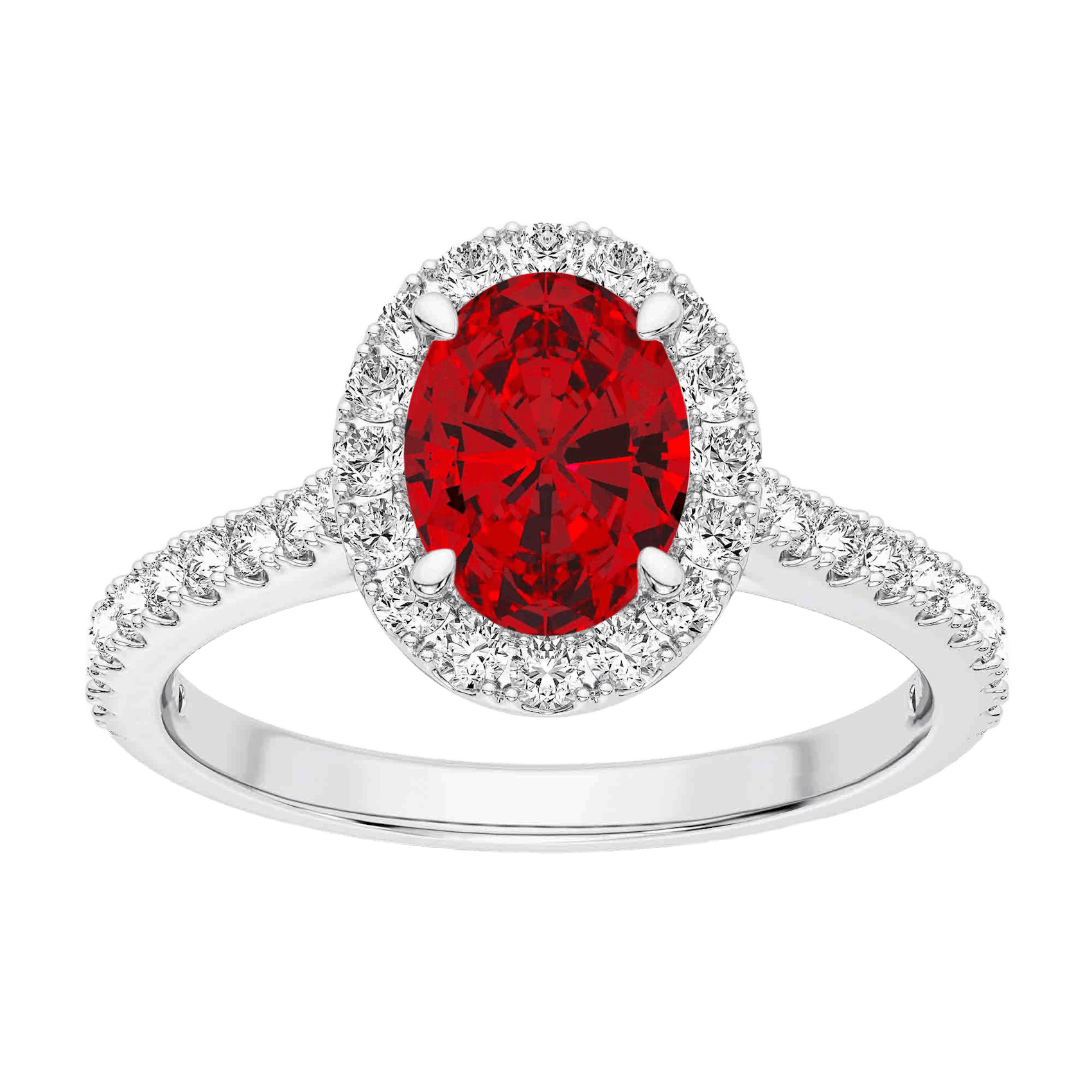 Vertical 18K White Gold Oval Ruby and Diamond Halo Ring
