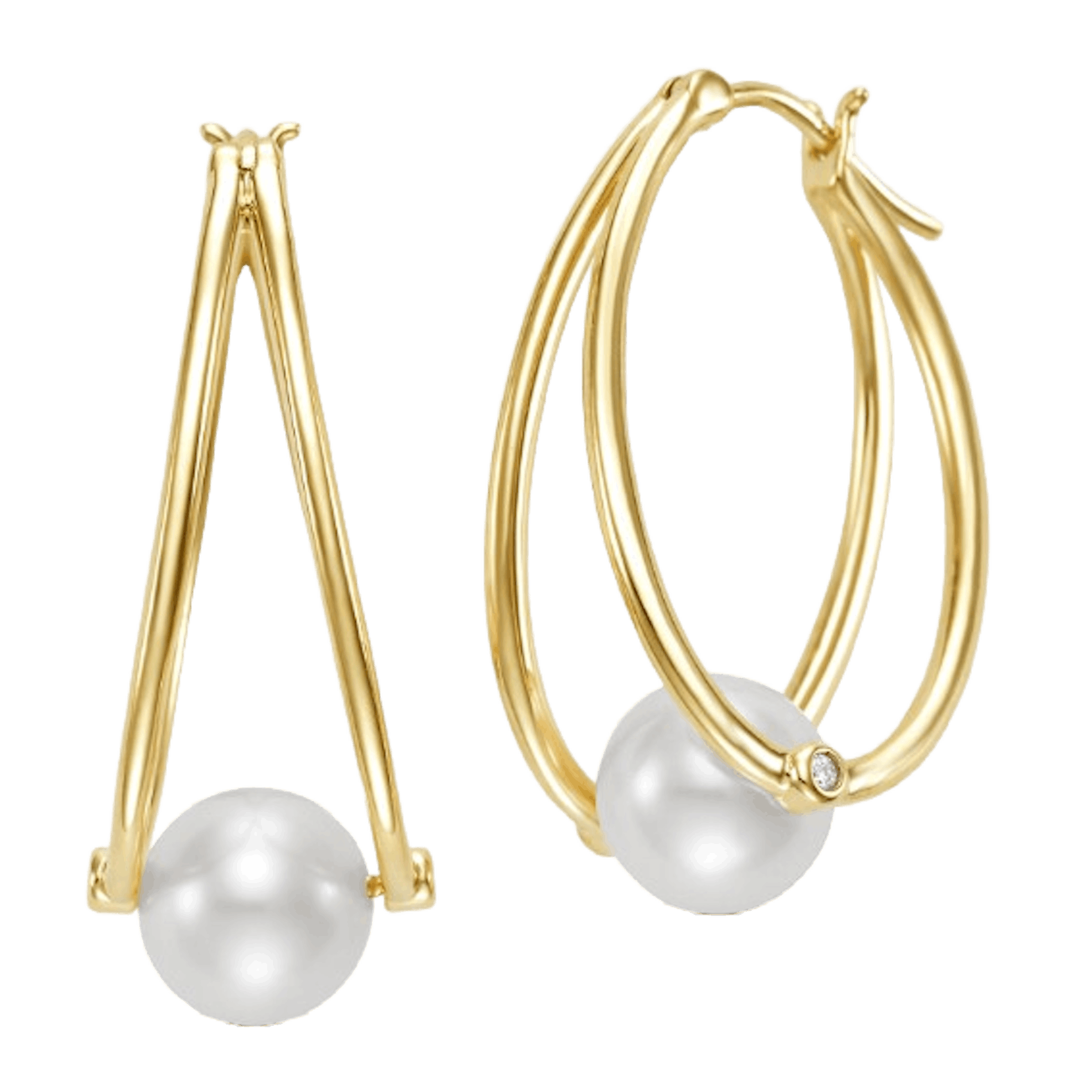 Vertical 14K Yellow Gold 8-8.5MM Freshwater Pearl and Diamond Hoop Earrings