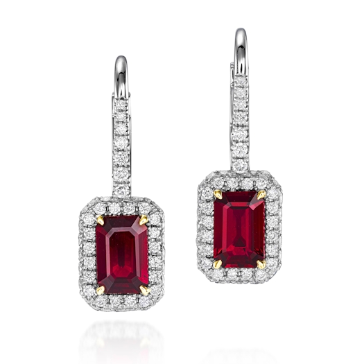 Vertical 18K White Gold/Yellow Gold Emerald Cut Ruby Diamond Halo Drop Earrings