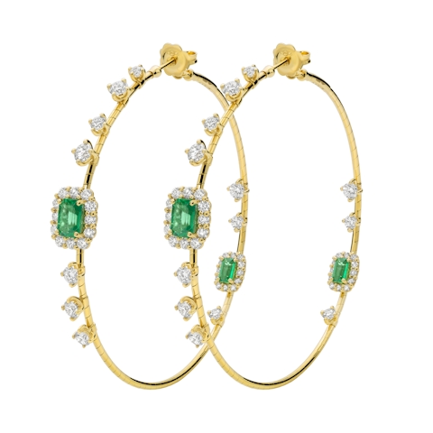 Vertical 18K Yellow Gold and Titanium with Diamond and Emerald Hoop Earrings