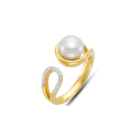 Vertical 18K Yellow Gold 7.5-8MM Freshwater Pearl and Diamond Ring