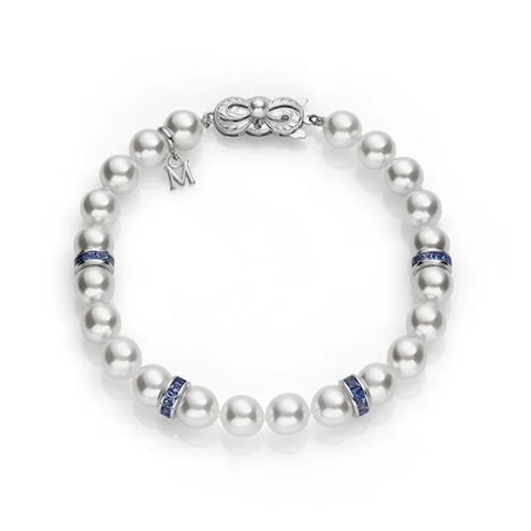 Vertical 18K White Gold 6.5-7MM A1 Akoya Pearl and Sapphire Roundel Bracelet