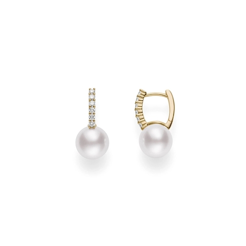 Vertical 18K Yellow Gold 8MM A+ Akoya Pearl and Diamond Earrings