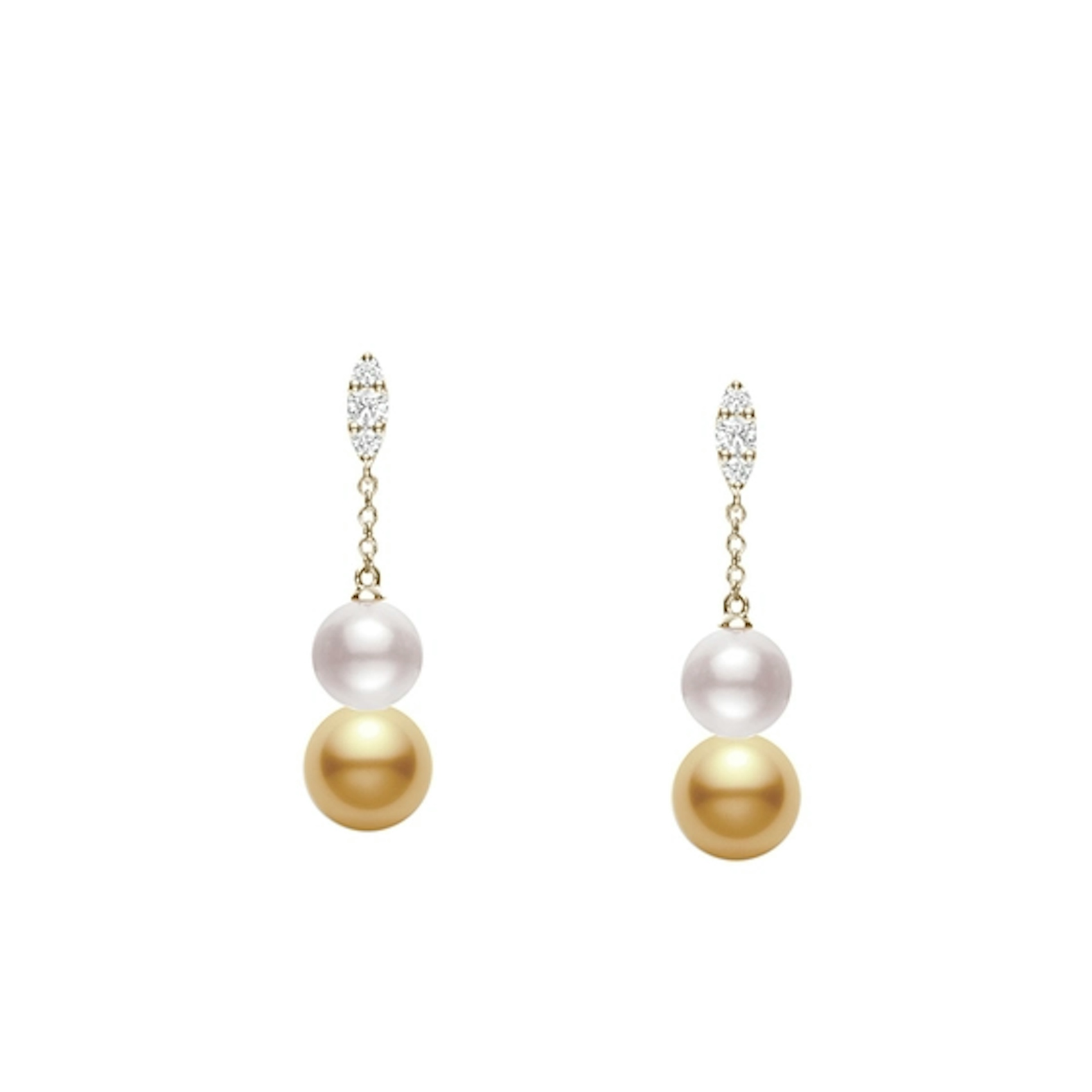 Vertical 18K Yellow Gold 7MM A+ Akoya and 9MM A+ Golden South Sea Pearl Drop Earrings with Diamonds