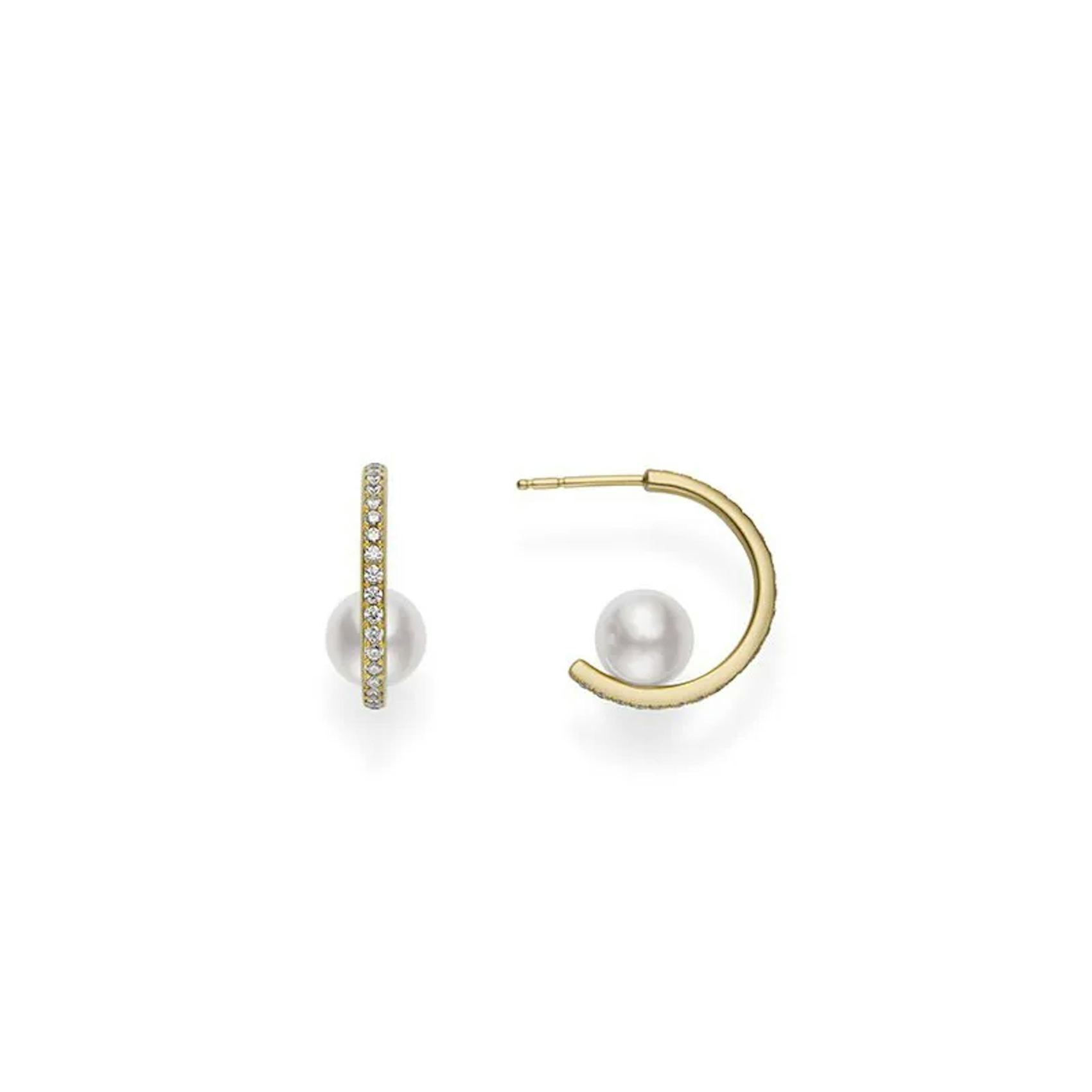 Vertical 18K Yellow Gold 7.5MM A+ Akoya Pearl and Diamond Earrings