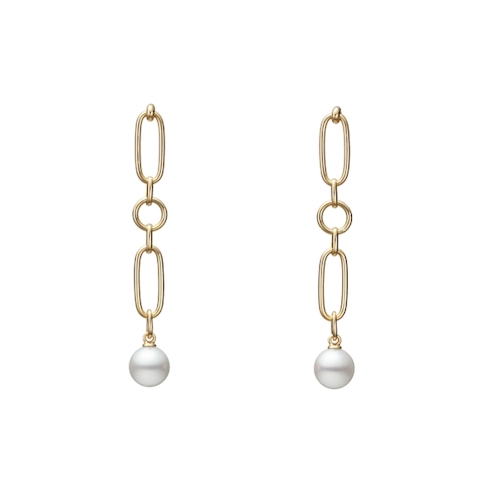 Vertical 18K Yellow Gold 7MM A+ Akoya Pearl Chain Link Drop Earrings