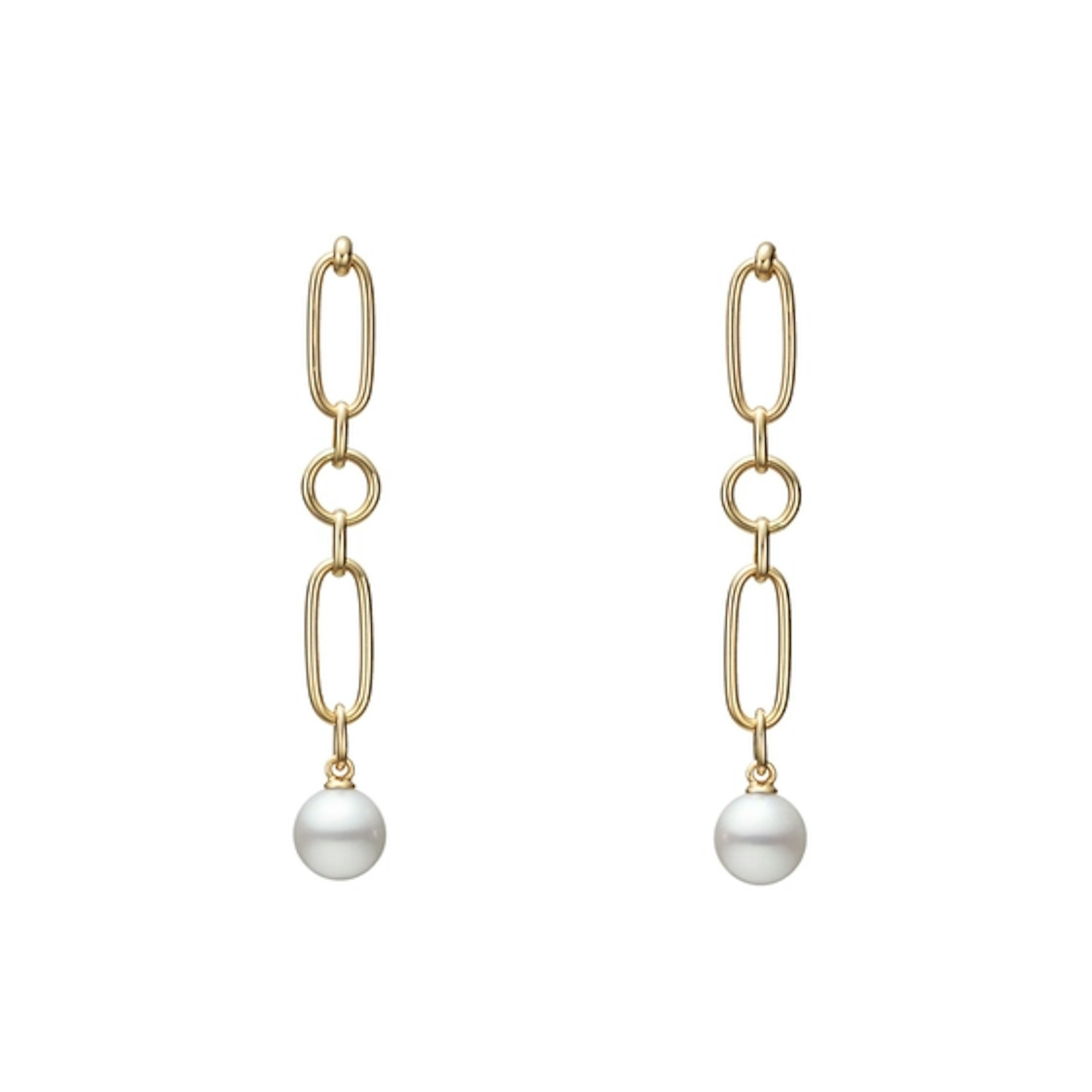 Vertical 18K Yellow Gold 7MM A+ Akoya Pearl Chain Link Drop Earrings
