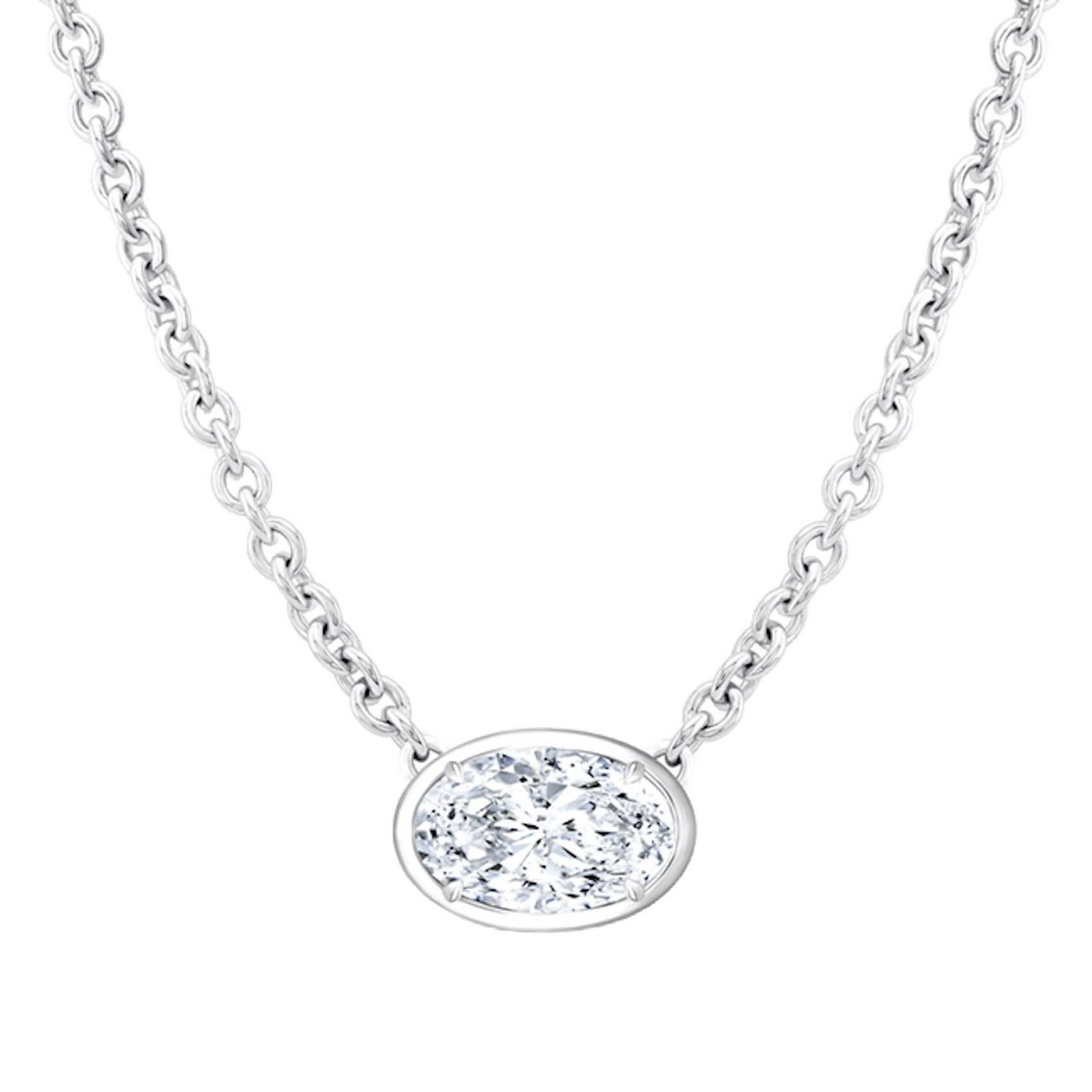 Vertical 18K White Gold Oval Diamond Pendant with Chain