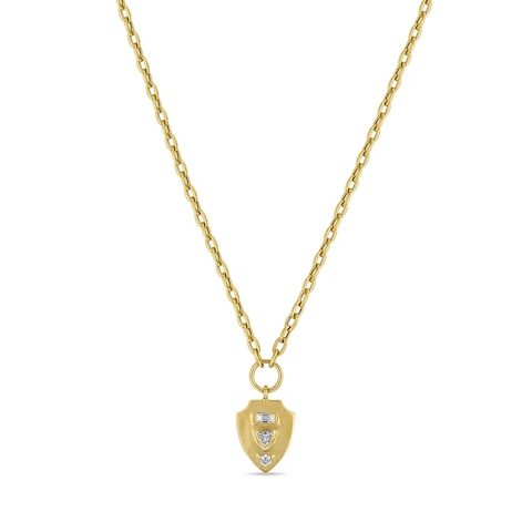 Vertical 14K Yellow Gold Mosiac Mixed Diamond Small Sheild Necklace