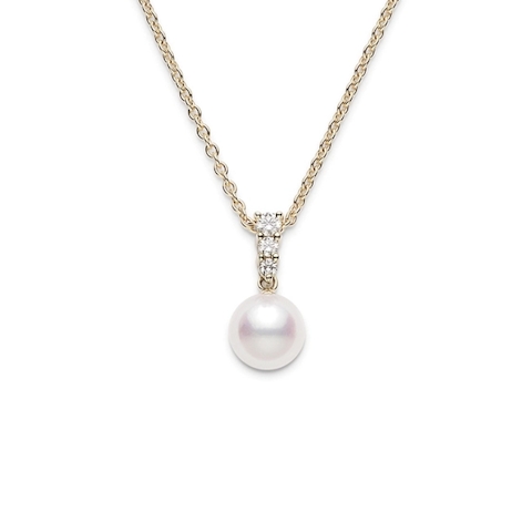 Vertical 18K Yellow Gold 8MM A+ Akoya Pearl and Diamond Pendant Necklace
