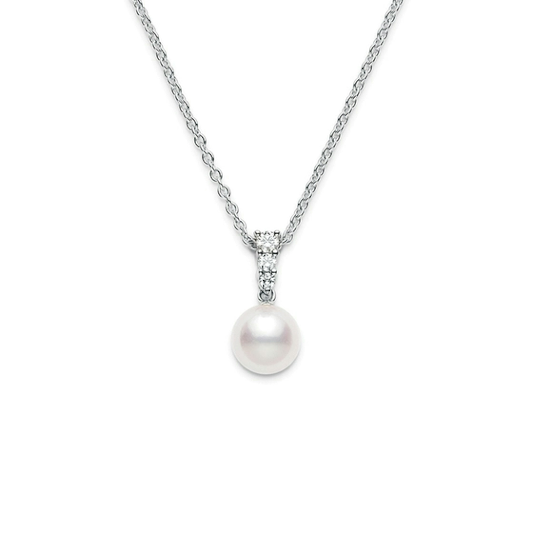 Vertical 18K White Gold 8MM A+ Akoya Pearl and Diamond Pendant Necklace