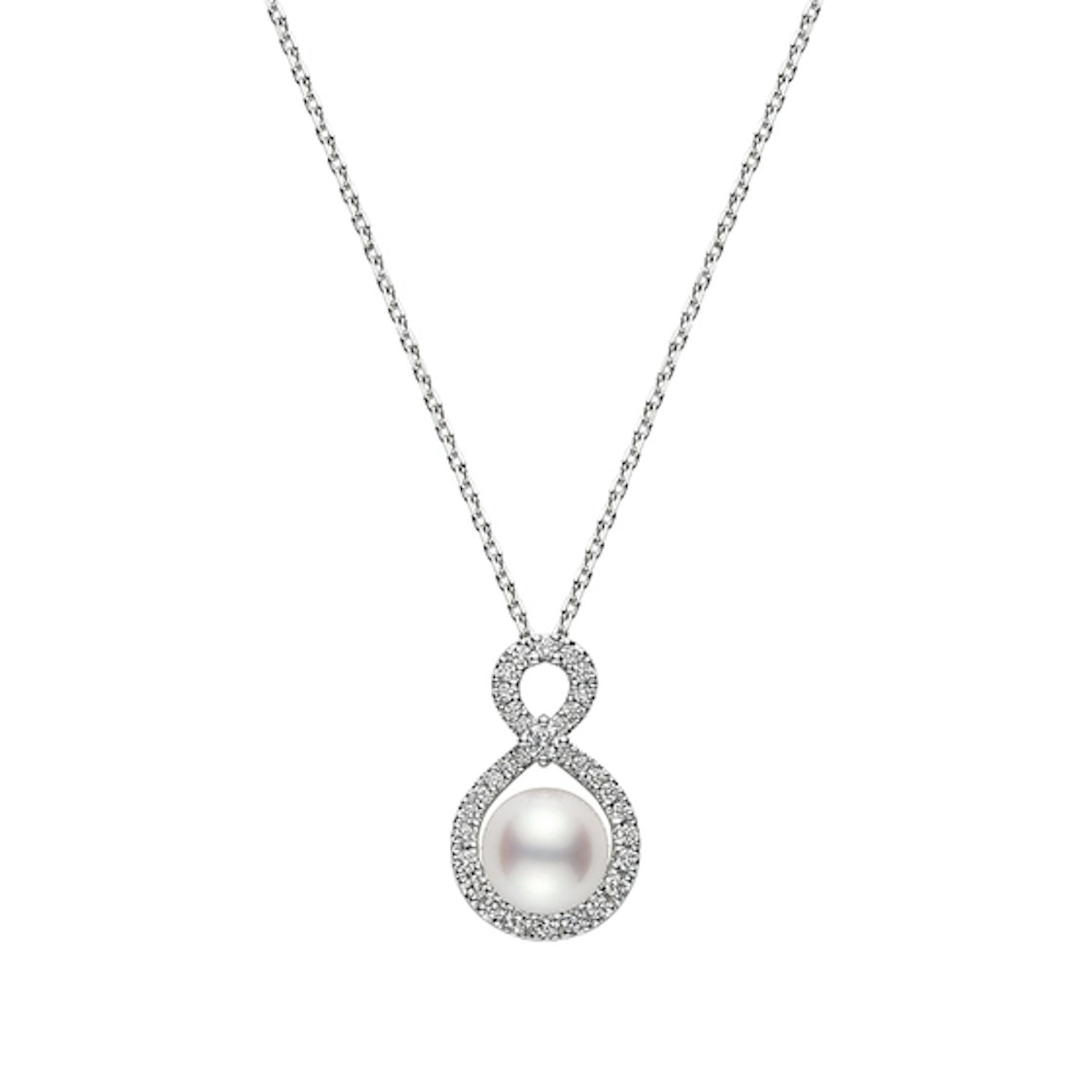 Vertical 18K White Gold 8MM A+ Akoya Pearl and Diamond Pendant Necklace