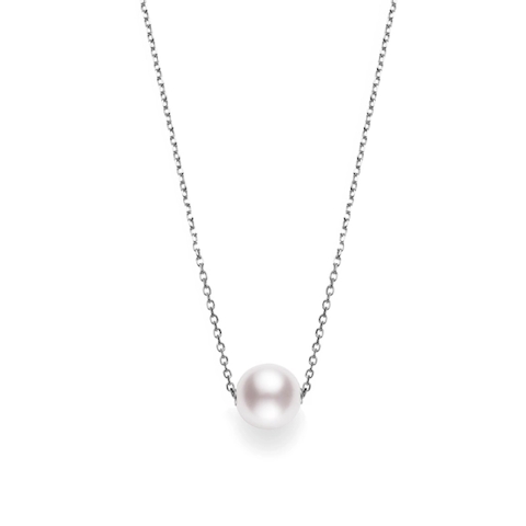 Vertical 18K White Gold 8MM A+ Akoya Pearl Pendant Necklace