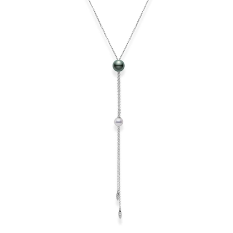 Vertical 18K White Gold 10MM Black South Sea and 8MM Akoya Pearl and Diamond Lariat Necklace