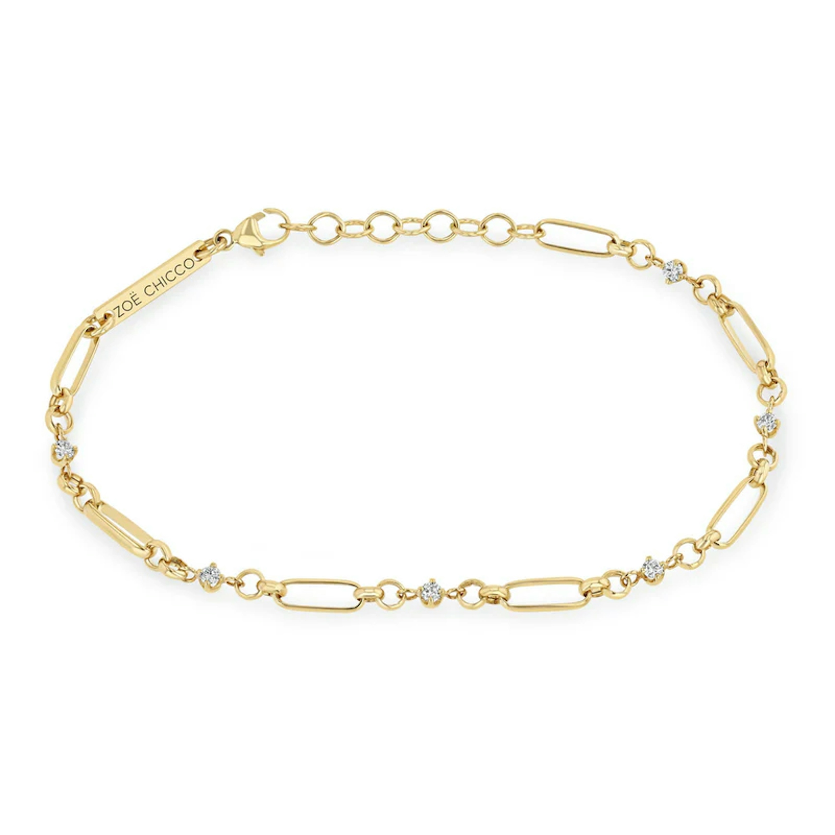 Vertical 14K Yellow Gold Diamond and Paperclip Link Rolo Bracelet