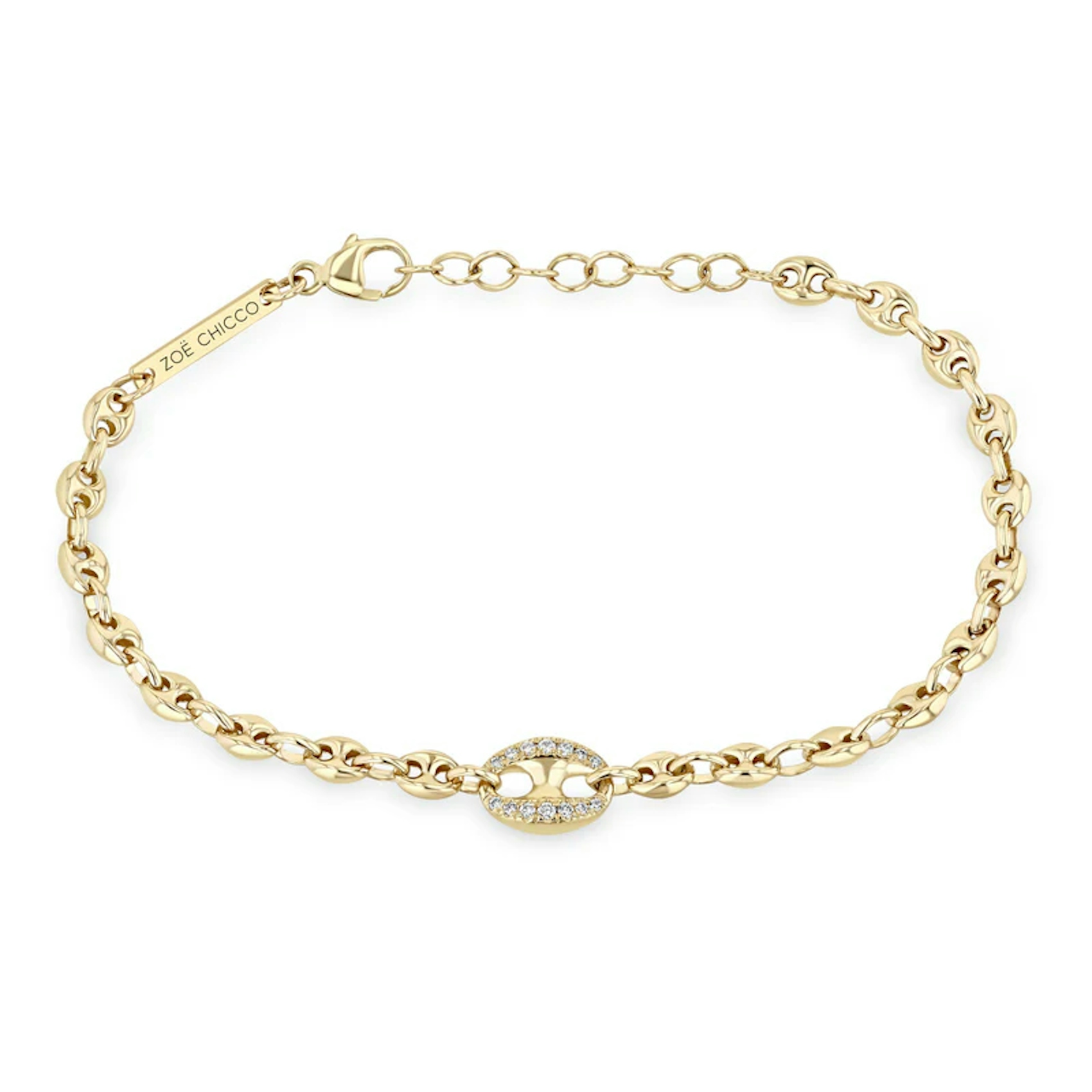Vertical 14K Yellow Gold Diamond Pave Single Link with Mariner Chain Bracelet