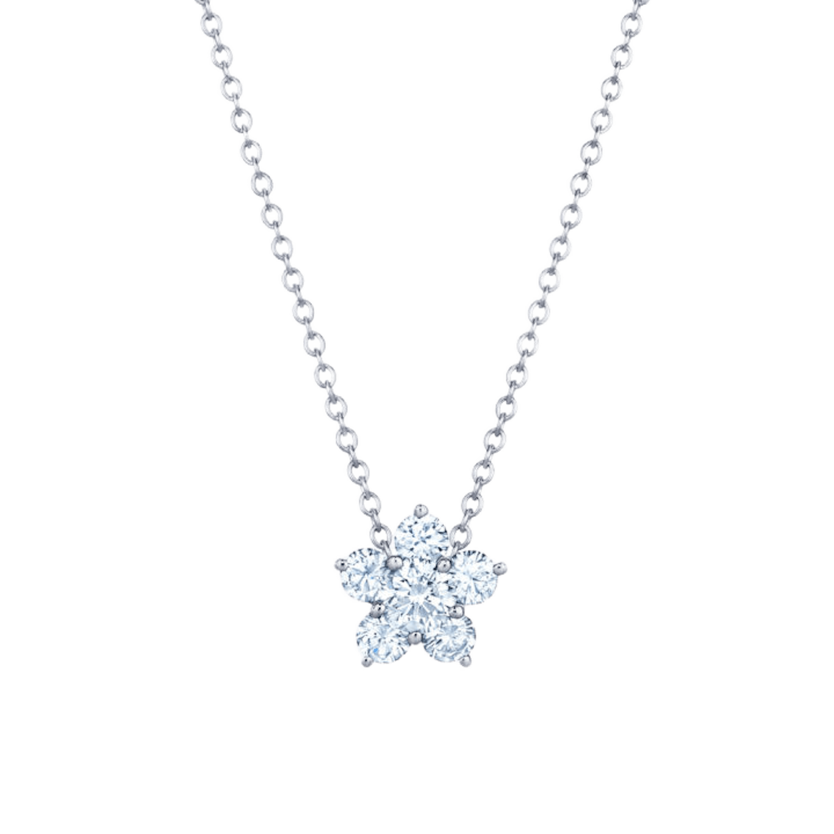 Vertical 18K White Gold Cluster Diamond Floral Necklace