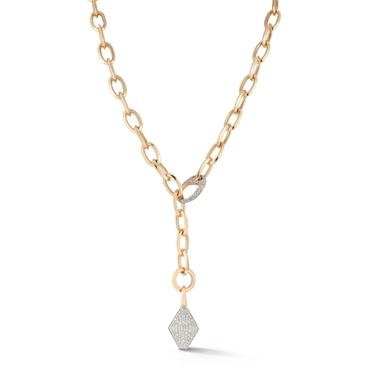 Vertical 18K Rose Gold Garnett Small Oval Link with Diamond Link Necklace 20"