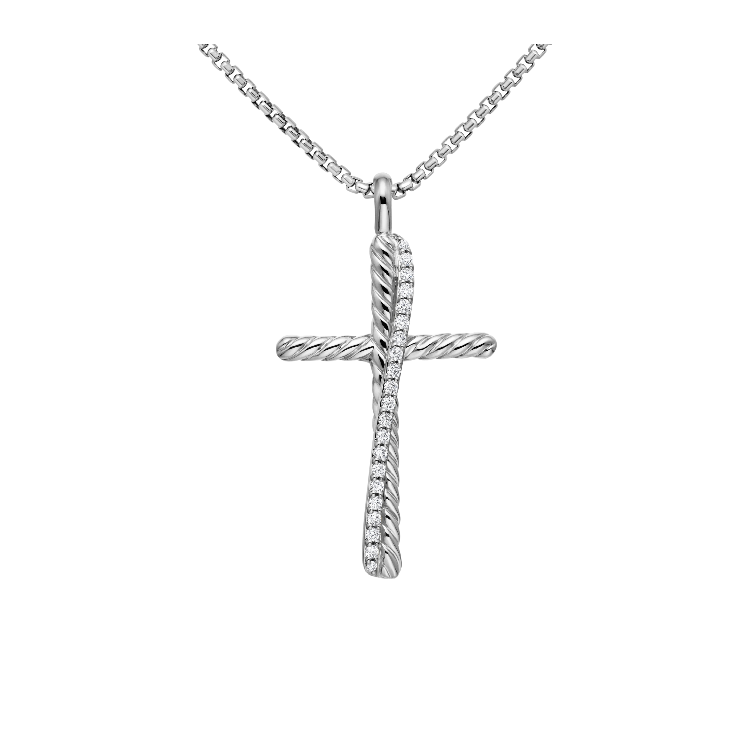 Vertical Crossover Cross Necklace in Sterling Silver with Diamonds, 35.6mm