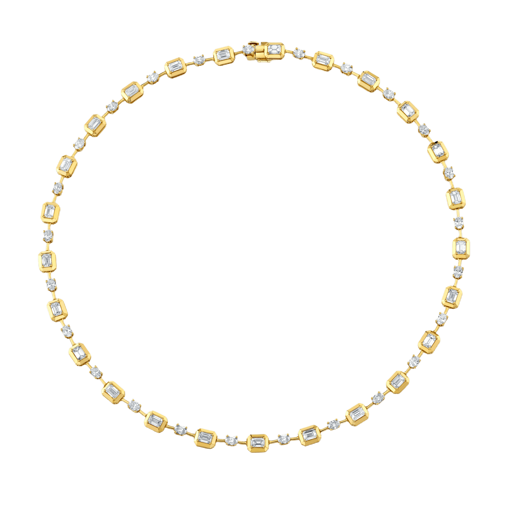 Vertical 18K Yellow Gold Emerand and Oval Diamond Necklace