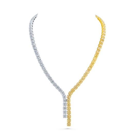 Vertical 18K White Gold/Yellow Gold Asscher Yellow and White Diamond Lariat Necklace