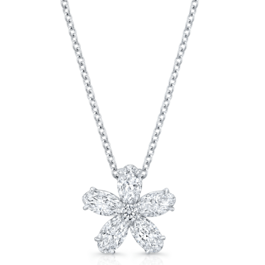 Vertical 18K White Gold Diamond Flower Pendant Necklace