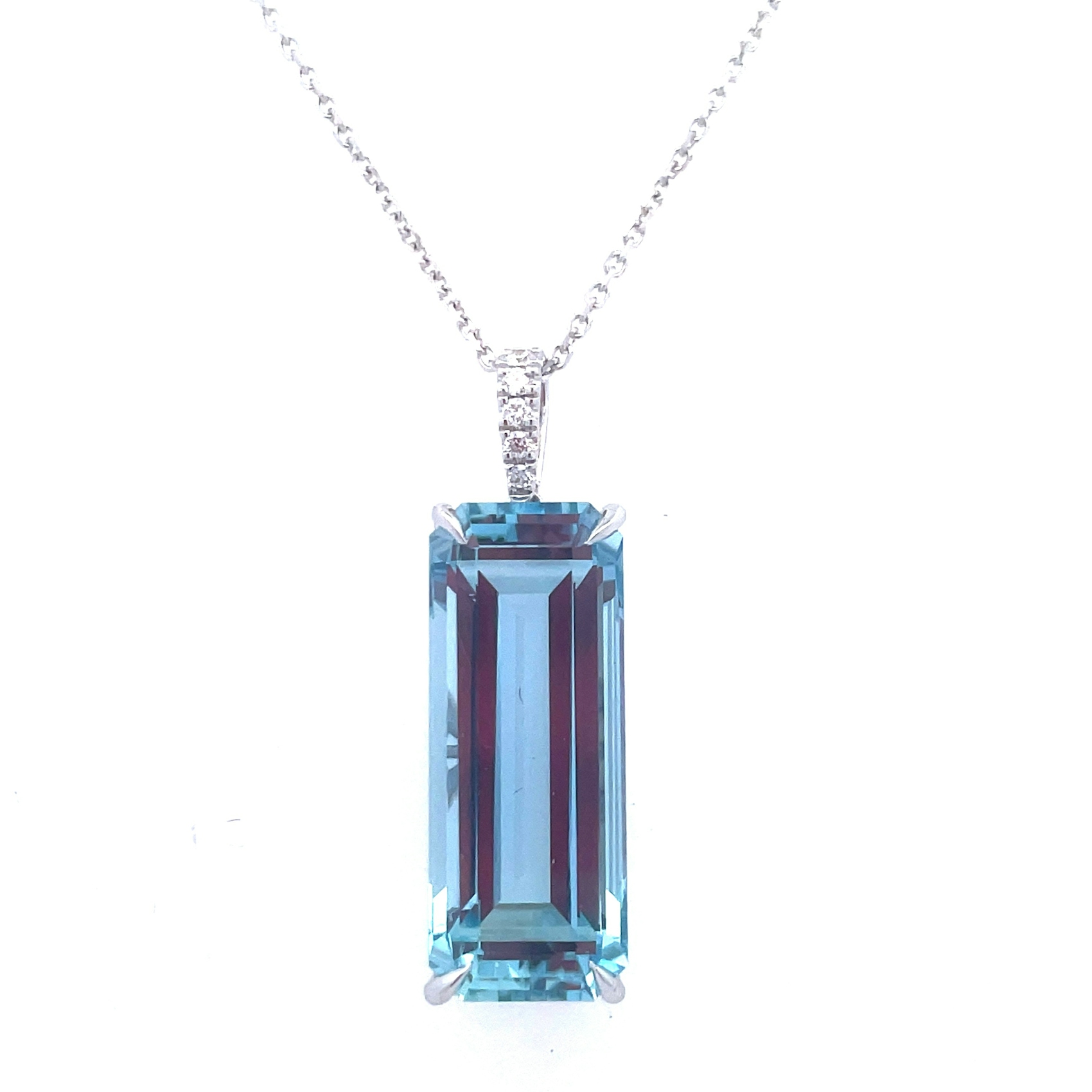 Vertical 18K White Gold Aquamarine and Diamond Pendant Necklace