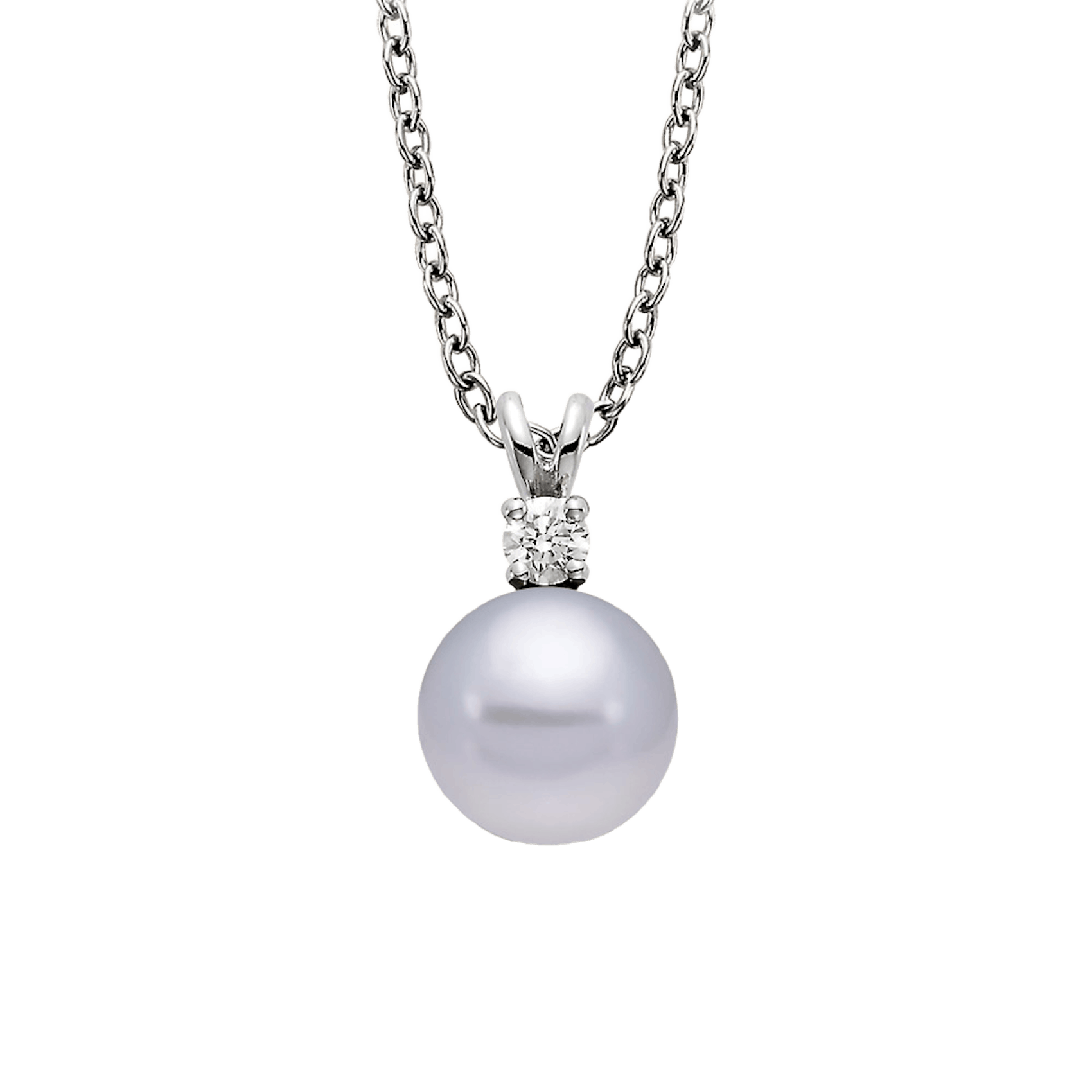 Vertical 18K White Gold 6.5-7MM A Akoya Pearl and Diamond Pendant Necklace