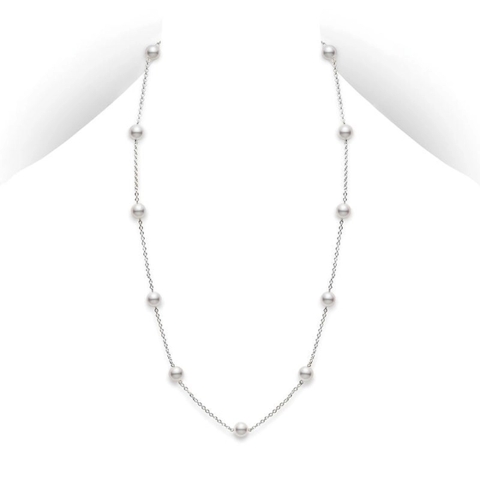Vertical 18K White Gold 6.5MM A+ Akoya Pearl Tin cup Necklace