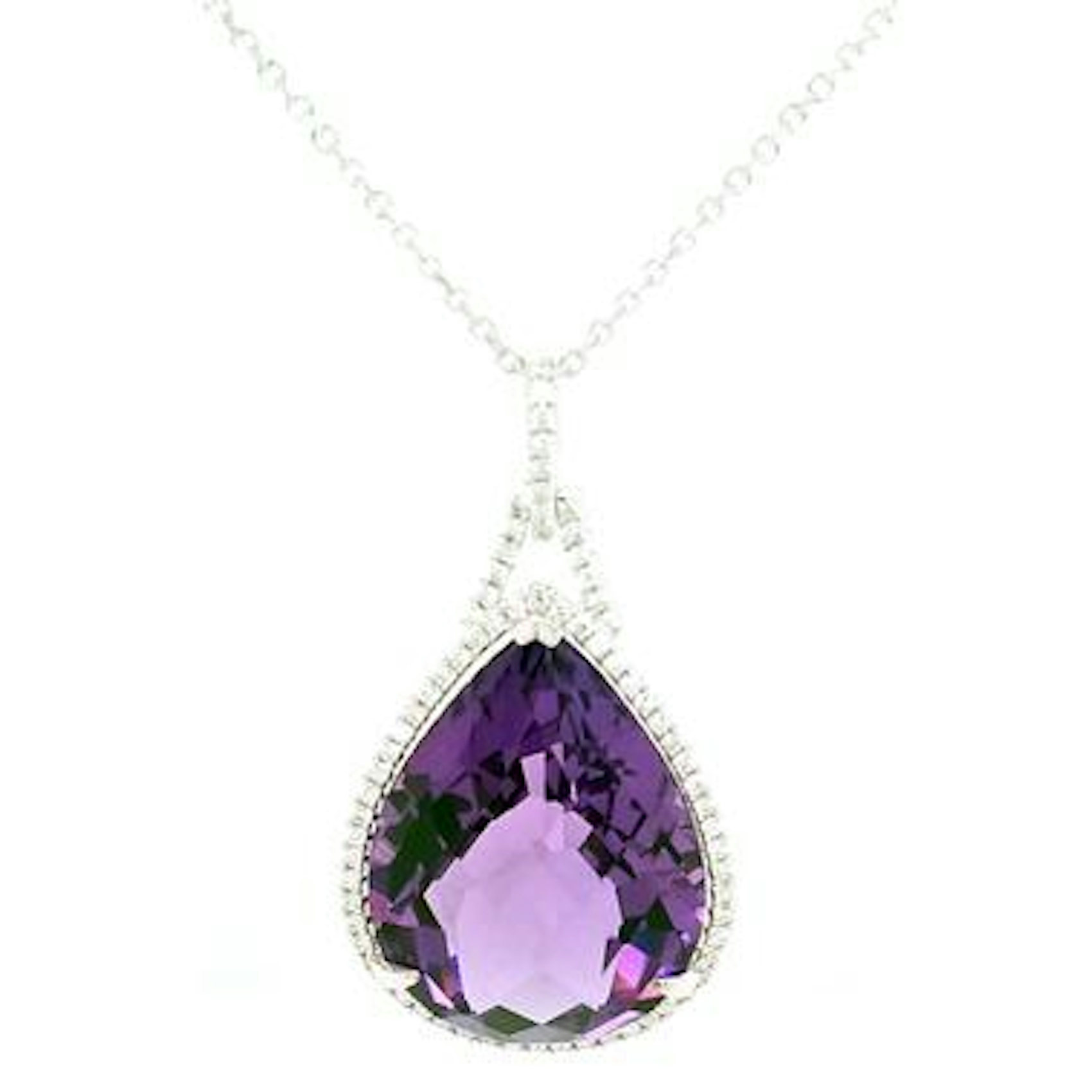 Vertical 14K White Gold Amethyst and Diamond Pendant Necklace