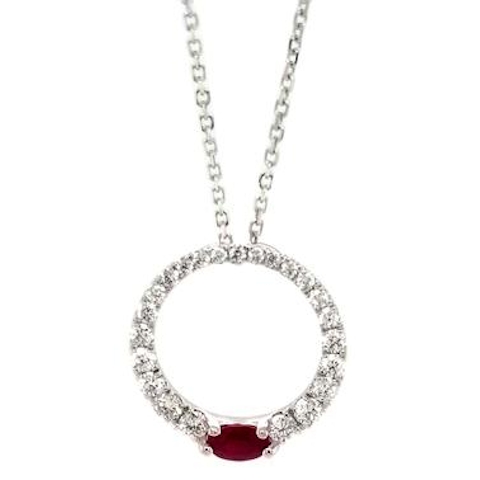Vertical 18K White Gold Ruby and Diamond Circle Pendant Necklace